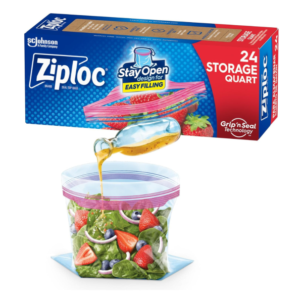 Ziploc Quart Food Storage Bags, Stay Open Design With Stand-Up Bottom, Easy To Fill (24 Count) Supply